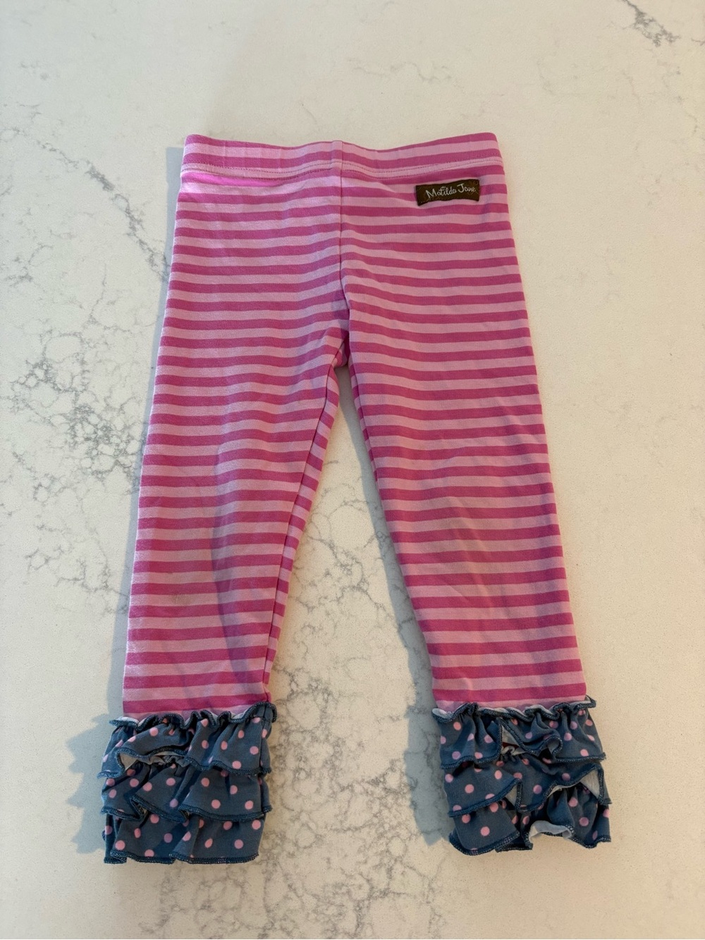 Matilda Jane Pink and Light Pink Striped Leggings with Navy Polka Dot Ruffles